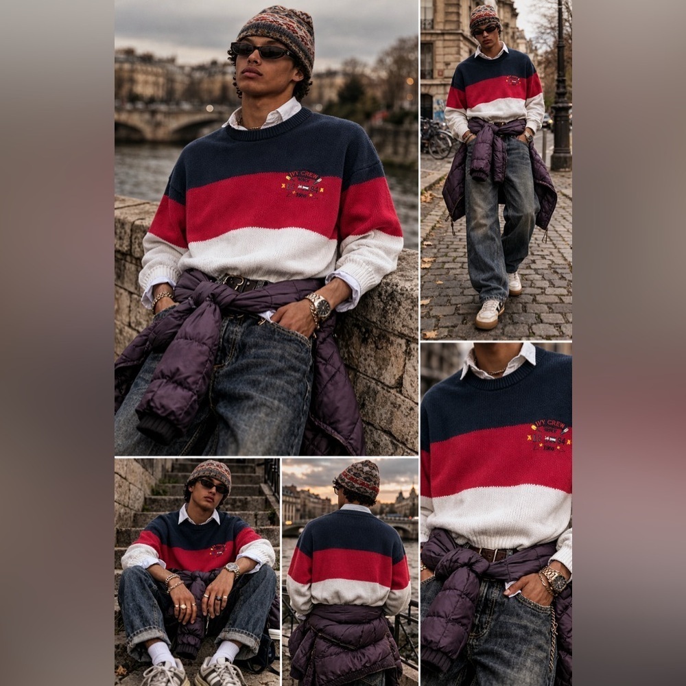 Ivy Crew Colorblock Sweater Large Navy Red White Ramie Cotton Knit Retro Preppy